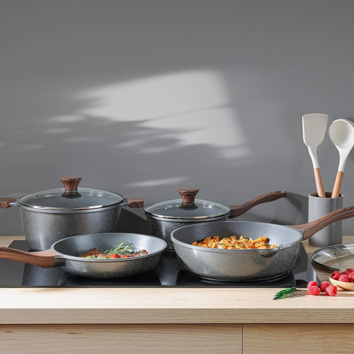 SENSARTE Nonstick Cookware Set 13-Piece, Non Stick Pots and Pans Set with Swiss Granite Coating, Healthy Kitchen Cooking Set, Stay-Cool Handles, PFOA Free