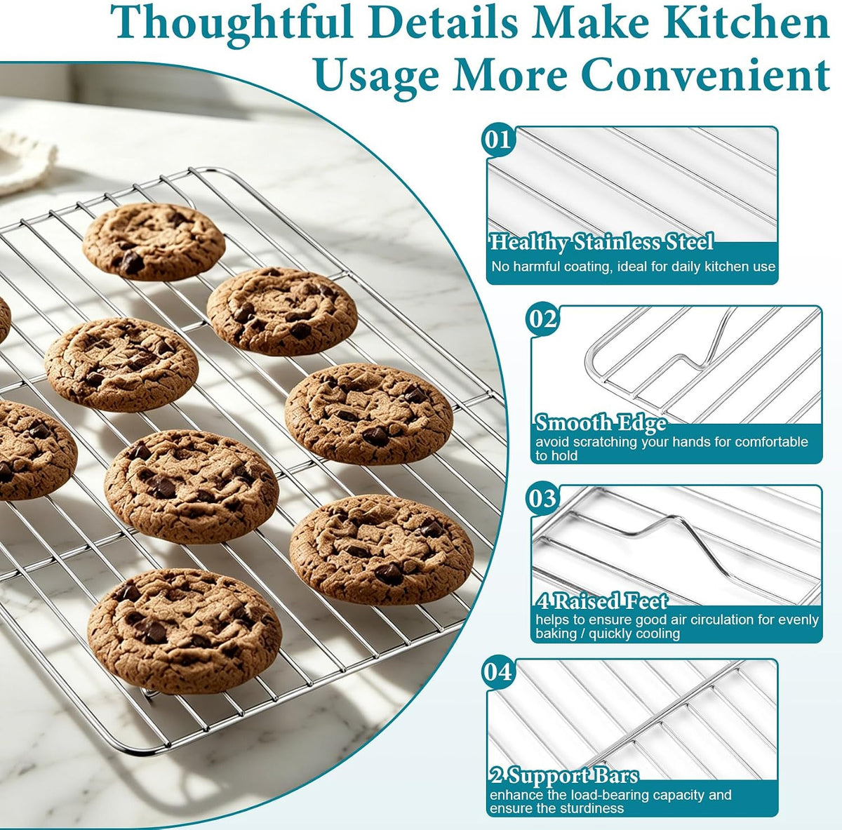TeamFar Cooling Rack, Silver Stainless Steel Baking Rack for Oven | 15.3/ 11.6/ 9.8/ 8.7 Inch Wire Roasting Rack for Baking Pans, Cookie Cupcake for Christmas Holiday, Dishwasher Safe - 4PCS