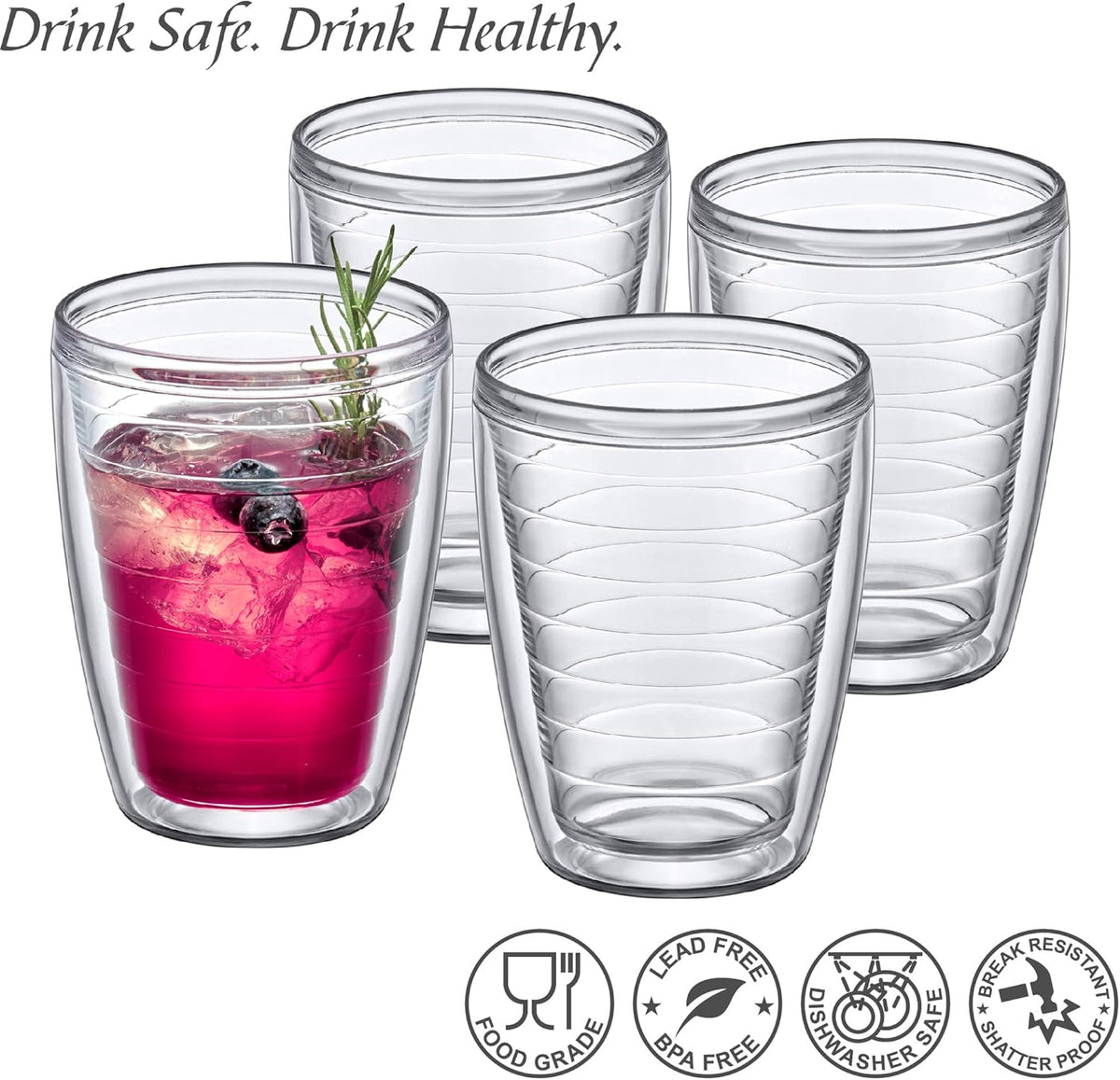 Amazing Abby Alaska 16-Ounce Insulated Tumblers (Set of 4), Double-Wall All-Clear Reusable BPA-Free Shatter-Proof Dishwasher-Safe Plastic Drinking Glasses