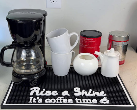 Coffee Bar Mats for Countertop Rise and Shine It's Coffee Time Sign 18x12 in Espresso Machine Mat Compatible, Premium