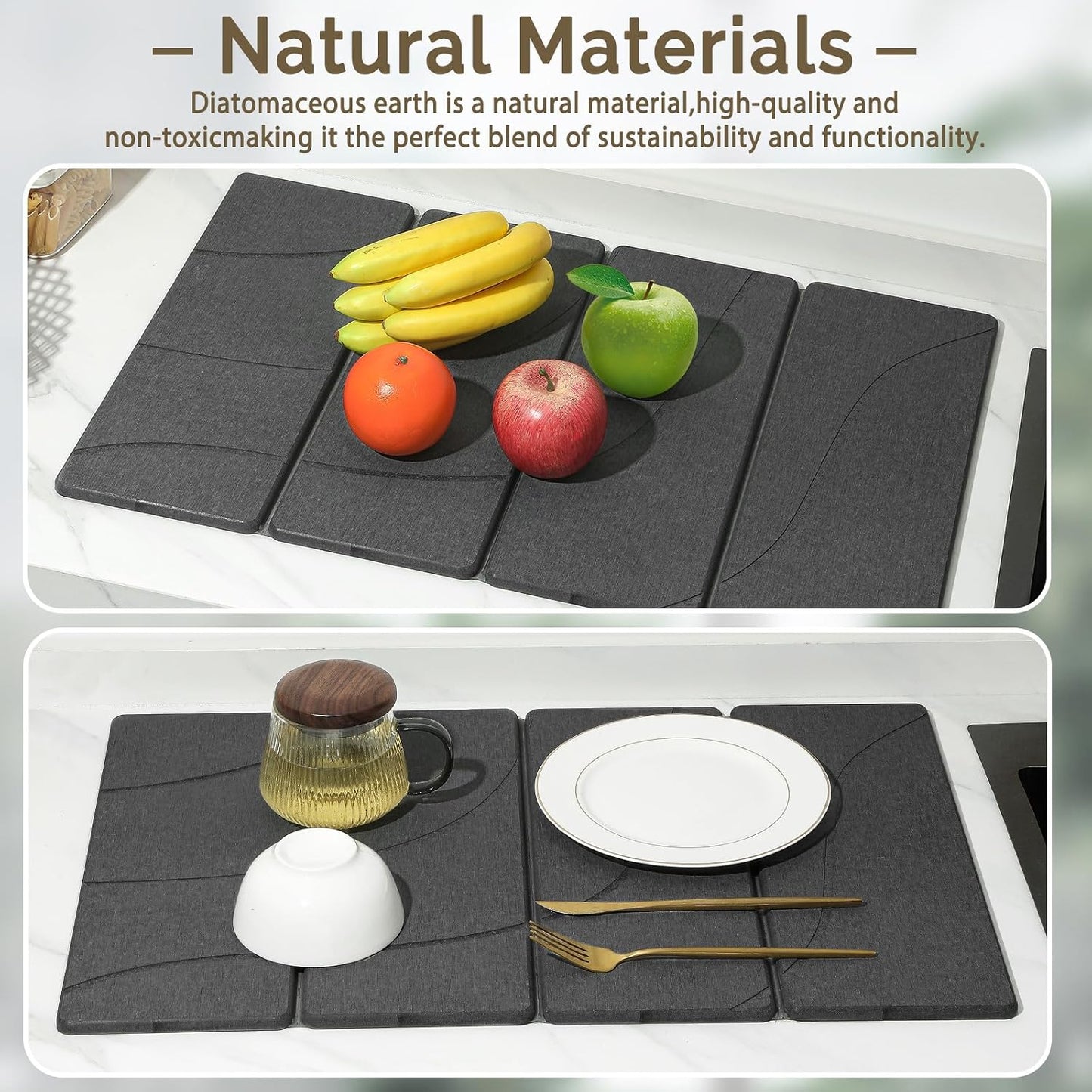 Large Stone Dish Drying Mat for Kitchen Counter, 2 PCS Quick Dry Stone Mats, Foldable Water Absorbing Diatomaceous Earth Drying Dishes Pad for Countertop Bottle Utensil Cup(Carved Gray 24"x16"&amp;8"x4")