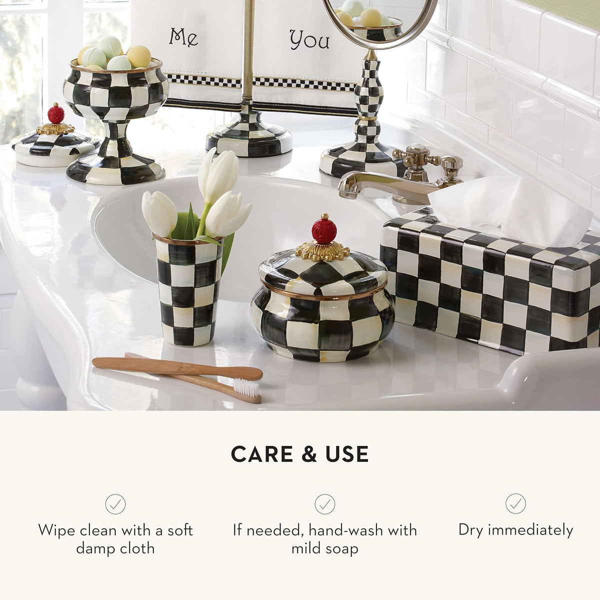 MACKENZIE-CHILDS Enamel Squashed Pot, Black-and-White Courtly Check | Hand-painted design, decorative container with lid, made from enameled steel, 5" dia. x 5.5" H, 20-ounce capacity