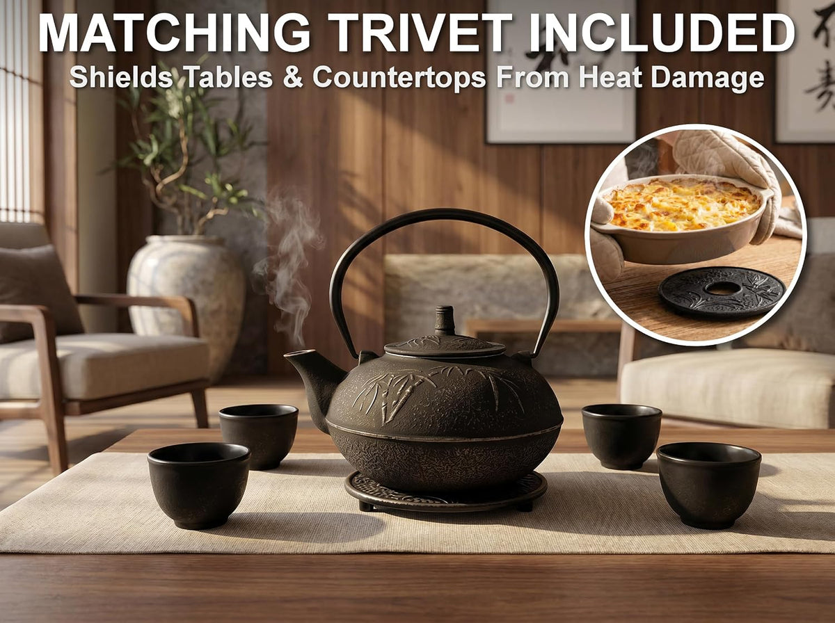 85 Oz XXL Black Bamboo Cast Iron Teapot, Enamel Interior, Infuser &amp; Trivet