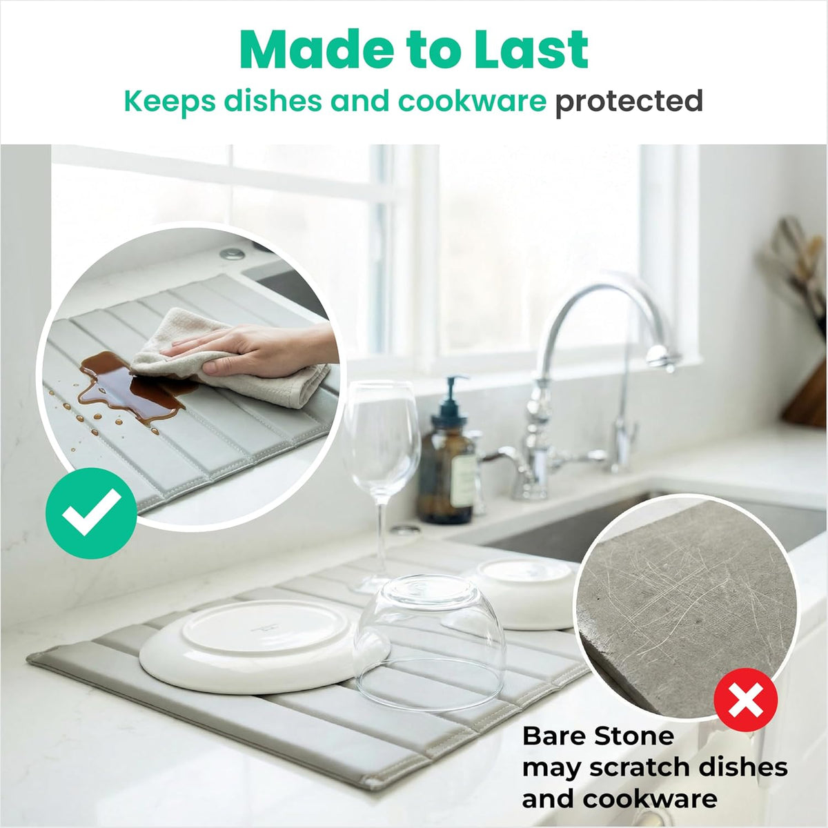 25" x 15" PU Leather Wrapped Large Stone Dish Drying Mat for Kitchen Counter Sink - Quick Dry Super Absorbent Diatomaceous