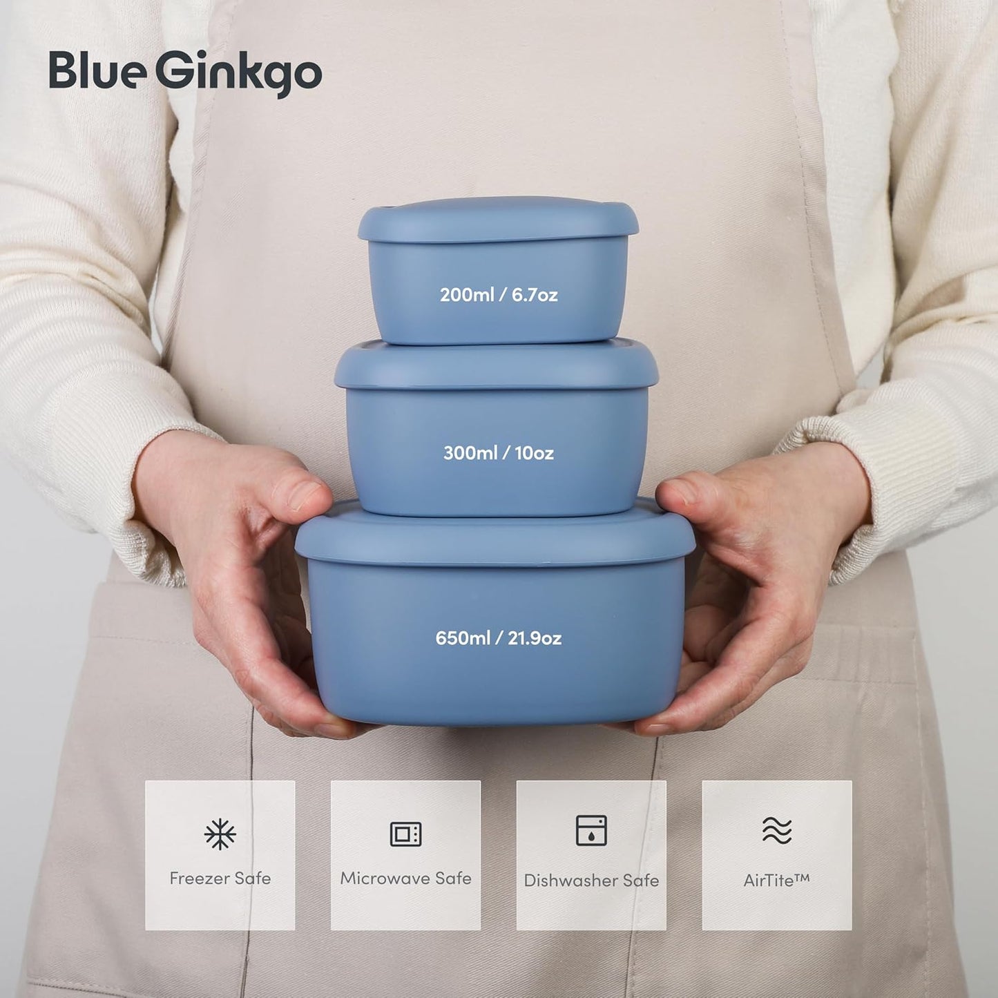BLUE GINKGO Nesting Silicone Containers - Set of 3 Hard-Shell Silicone Food Storage Containers | BPA Free, Airtight, Dishwasher and Freezer Safe (6.7oz, 10oz, 20oz) - Blue