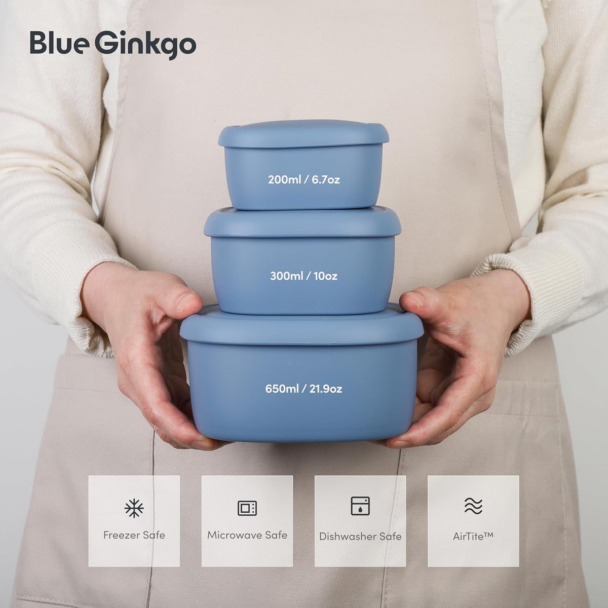 BLUE GINKGO Nesting Silicone Containers - Set of 3 Hard-Shell Silicone Food Storage Containers | BPA Free, Airtight, Dishwasher and Freezer Safe (6.7oz, 10oz, 20oz) - Blue