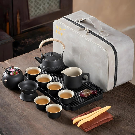 ICHAG Japanese Tea Set, Chinese Tea Sets for Adults, 15-Piece Porcelain Gongfu Tea Set with Tea Pet & Tea Tray, Japanese