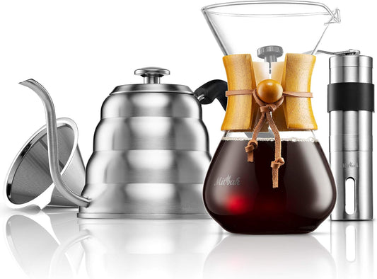 MITBAK Pour Over Coffee Maker Set | Kit Includes 40 OZ Gooseneck Kettle with Thermometer, Coffee Mill Grinder & 20 OZ Coffee