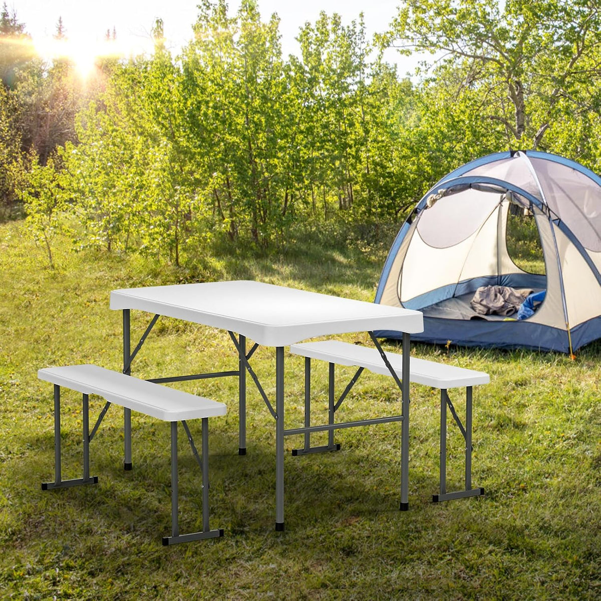 VINGLI Picnic Table Set with 2 Benches, 6 Feet Camping Table Chair Set, Heavy-Duty HDPE Material with Metal Frame, 3-Piece Folding Furniture for Indoor or Outdoor Use (3.5ft White)