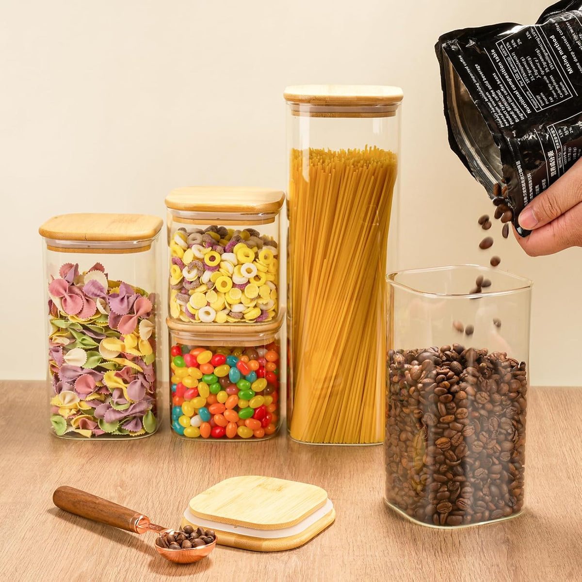 5 Set Glass Jars with Bamboo Lids, Square Food Storage Containers, Glass Pantry Storage Containers with Lids for Pasta, Cereal, Flour, Sugar