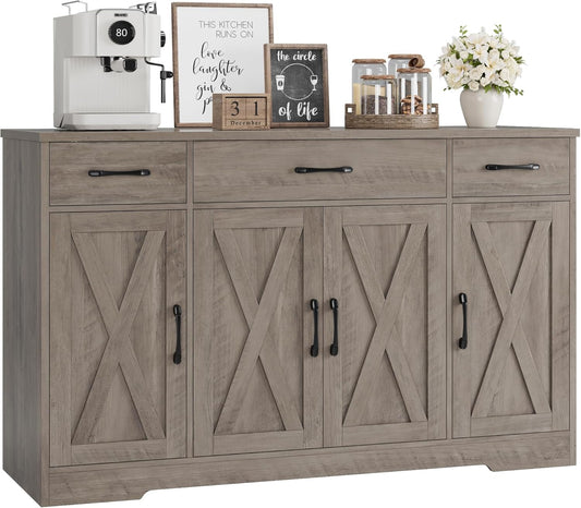 HOSTACK Buffet Sideboard Cabinet with Drawers, 55" Large Buffet Storage Cabinet with Shelves and Doors, Modern Farmhouse