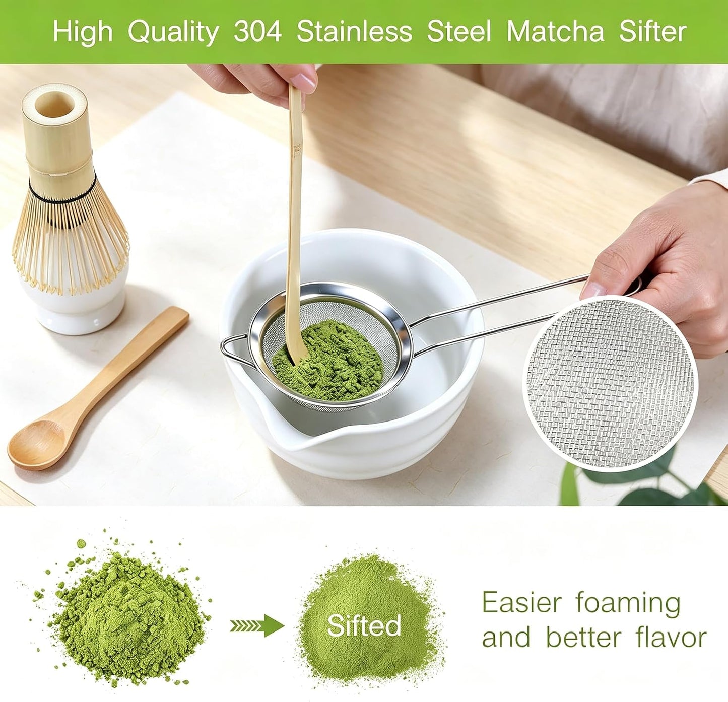 6 Pcs Matcha Set - Matcha Whisk Set &amp; Matcha Bowl Set with Bamboo Scoop, Stainless Steel Sifter, 19 oz Ceramic Pouring Bowl, Matcha Spoon, Whisk Holder - Japanese Tea Ceremony Kit for Gifts (White)