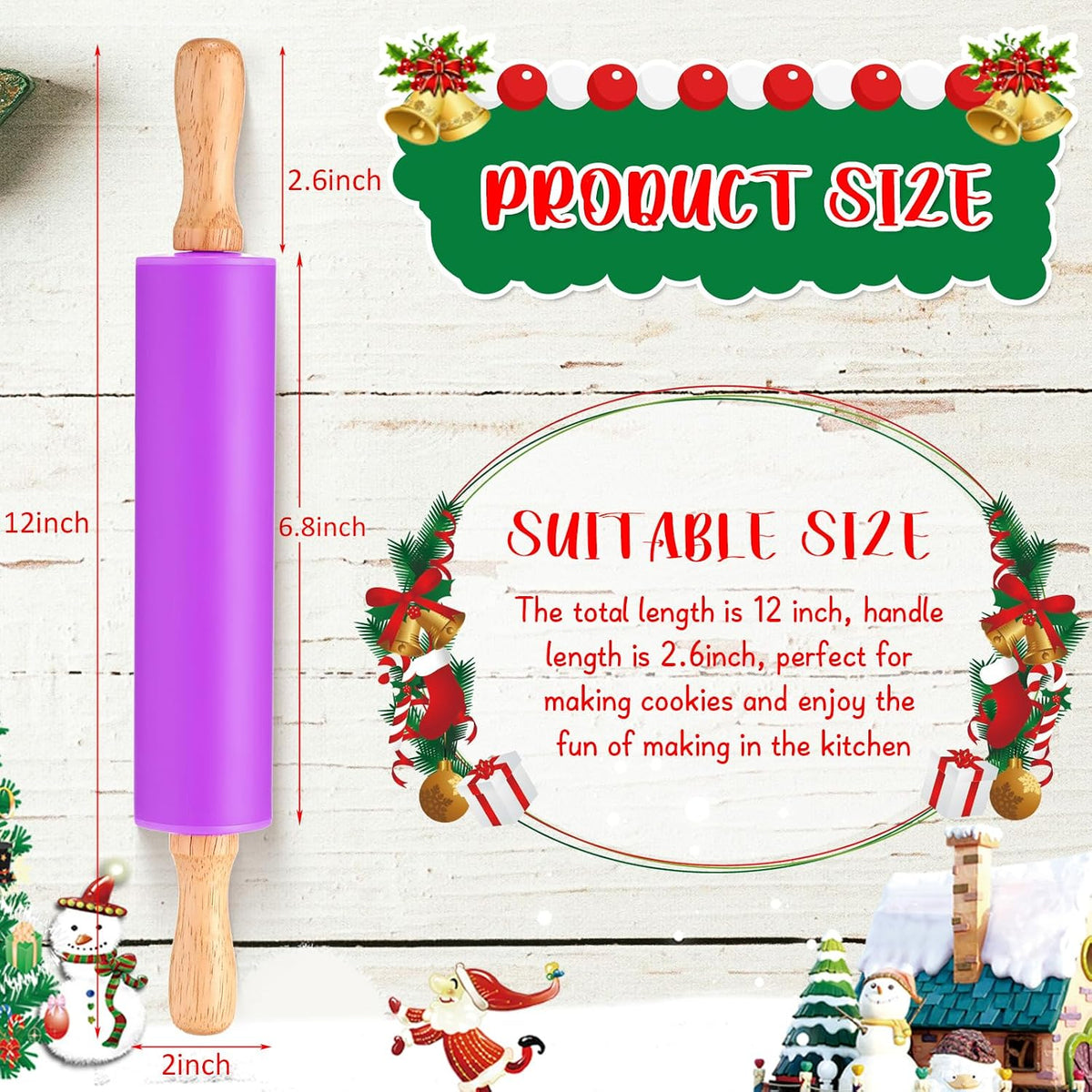 12 Pcs Small Rolling Pin Kids 12 Inch, Mini Silicone Rolling Pin | Non Stick, Kids Dough Roller with Wooden Handle for Baking, Kitchen, Cookie Pastry, Fondant Cake, 6 Colors
