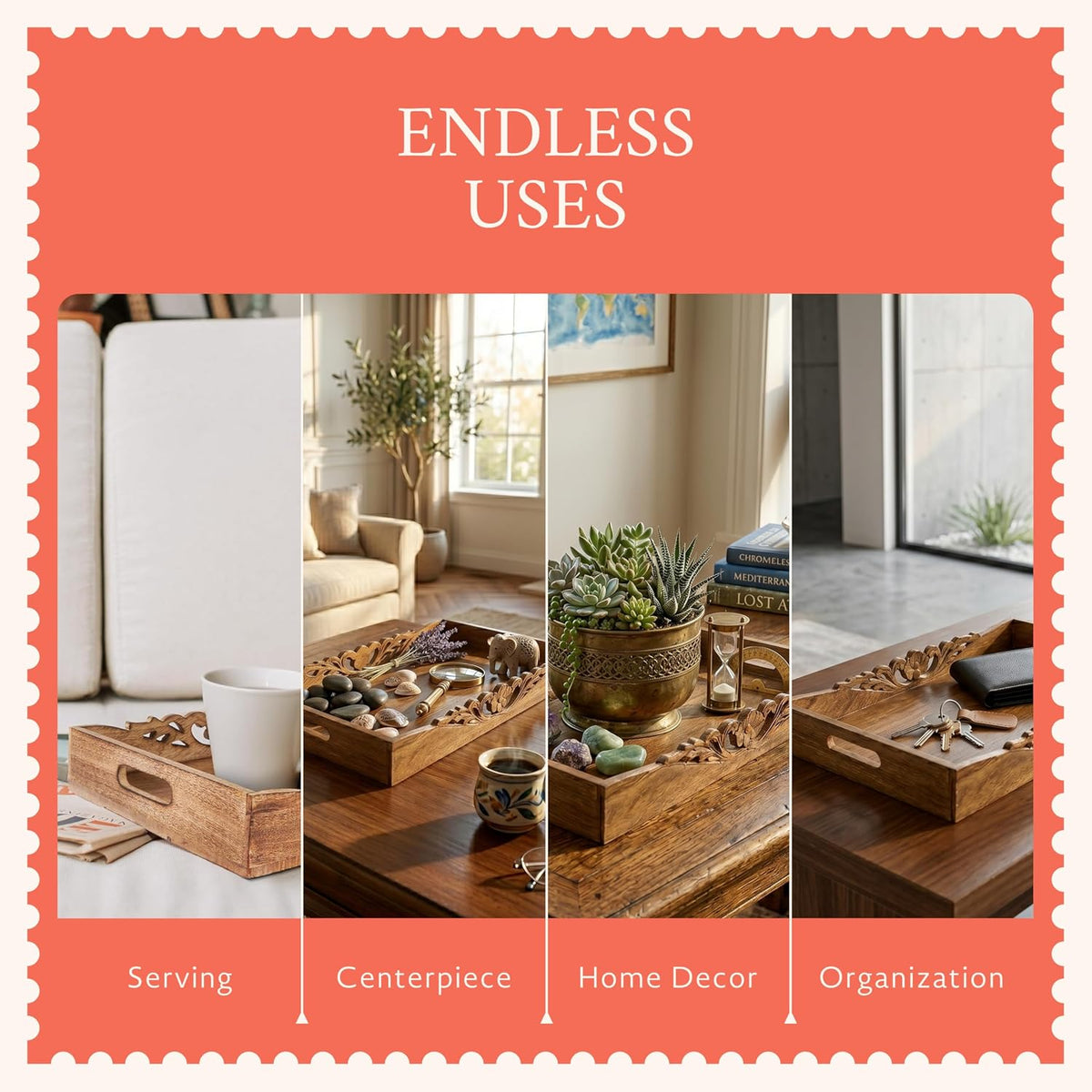 Mela Artisans Orchid Mango Wood Serving Tray - Medium Burnt, 16x12 in | Handcrafted serving tray board with handles for breakfast, coffee and home décor, utilizing built-in base felt pads.