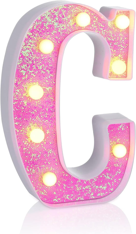 Foaky Pink Light up Letters，Pink Party Decorations,Girls Room Decor,Glitter Light Up Letters,Alphabet Letter Sign for Night