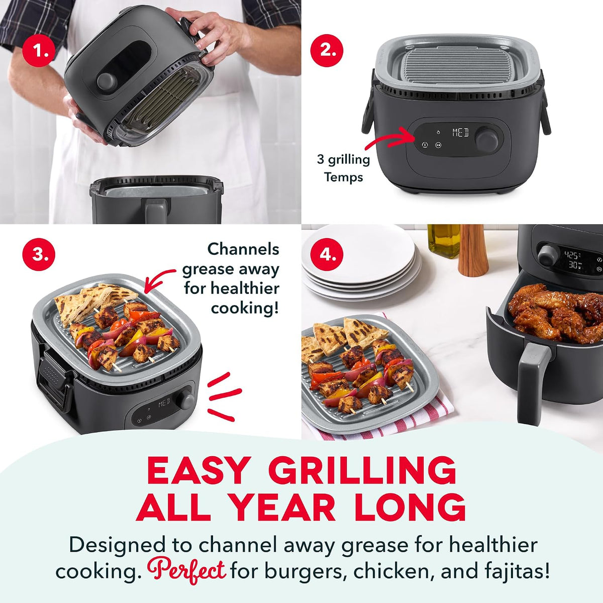 DASH Flip & Fry 2-in-1 Grill + Air Fryer, 3 QT