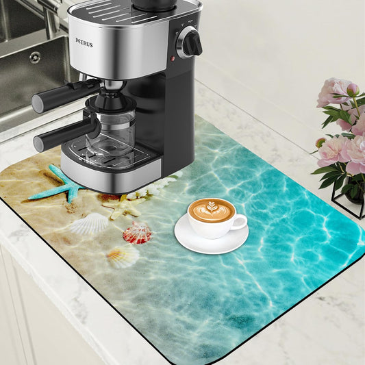 Starfish and Seashell Beach Dish Drying Mat for Kitchen Counter - Hide Stain Rubber Backed Absorbent Mat - Fits Under Coffee