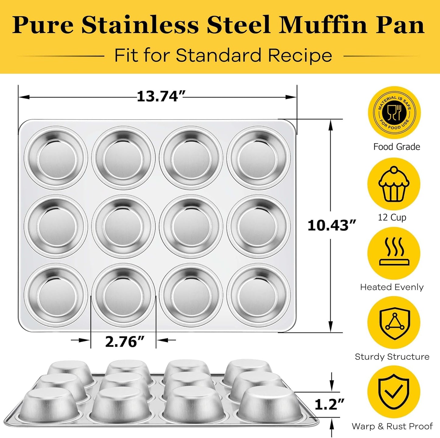 Homikit Stainless Steel Muffin Cupcake Pan 12 Cups, Non Toxic &amp; Heavy Duty | 1PC Nonstick Cupcake Baking Tins Regular Size, 13.8 x 10.4 Inch Metal Egg Bites Tray for Oven, Easy Release, Dishwasher Safe