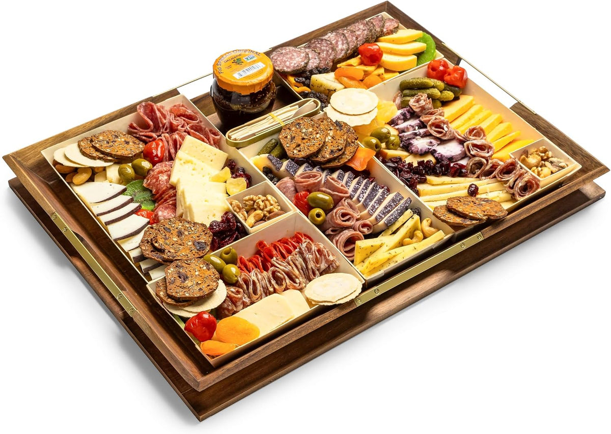 Curate Medium Acacia Wood Serving Tray with Handles for Coffee Table, Breakfast &amp; Dinner, Rustic Decorative Wooden Serving Tray for Kitchen, Dining &amp; Charcuterie Boards, (20.8" x 10.8" x 2")