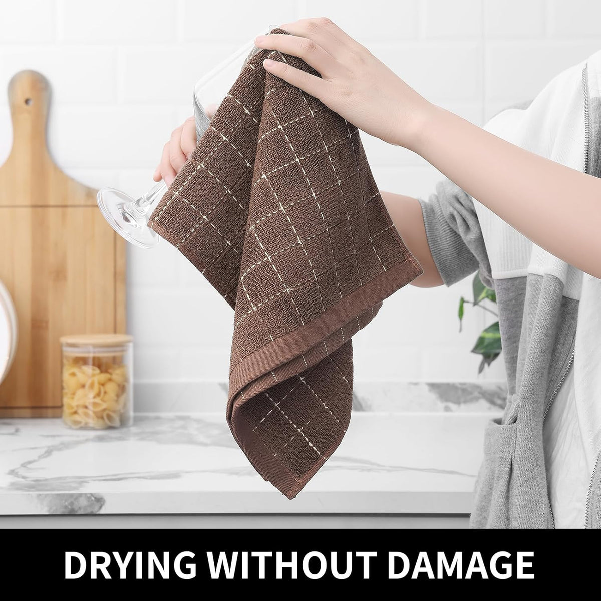 Homaxy 100% Cotton Terry Kitchen Towels(Brown, 13 x 28 inches), Checkered Designed, Soft and Super Absorbent Dish Towels, 6 Pack