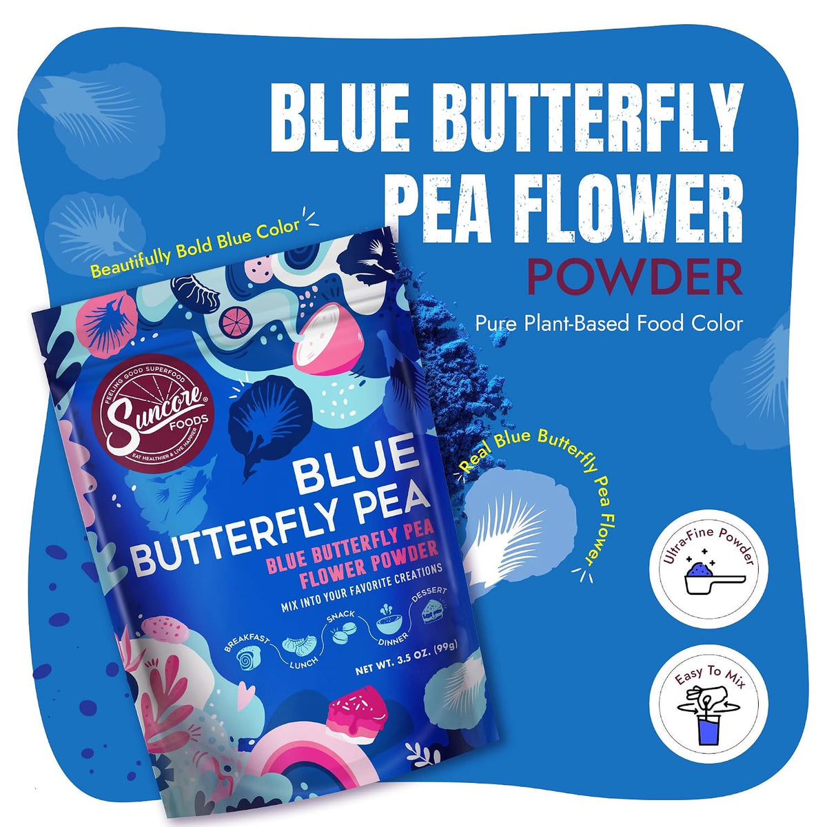 Suncore Foods Butterfly Pea Flower Powder 3.5oz | Gluten Free | Vegan | Natural Blue Food Coloring, Blue Tea for Color-Changing Drinks, Baking, Desserts, Smoothies, Craft, Non-GMO, Resealable Pouch