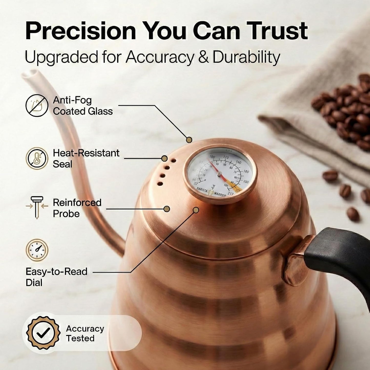 Barista Warrior Gooseneck Kettle with Thermometer - 1.2L Pour Over Coffee &amp; Tea Kettle, Copper Coated Stainless Steel Gooseneck Kettle Pot, Precision Pour Drip Spout, Suitable for All-Stoves (40 floz)