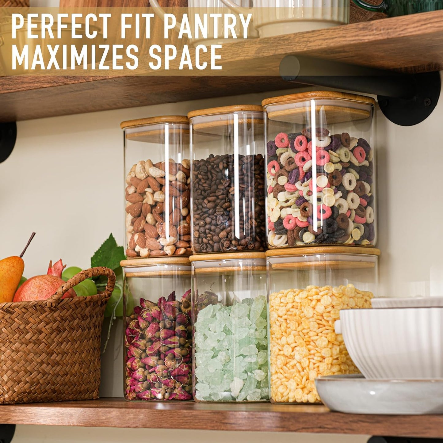 D2scrma 37oz Airtight Glass Square Storage Canister with Bamboo Lid Set of 4 (1100ml) Container Stackable Jar, Kitchen Canister for Pantry Noodles, Flour and Coffee beans (‎with Black Lable)
