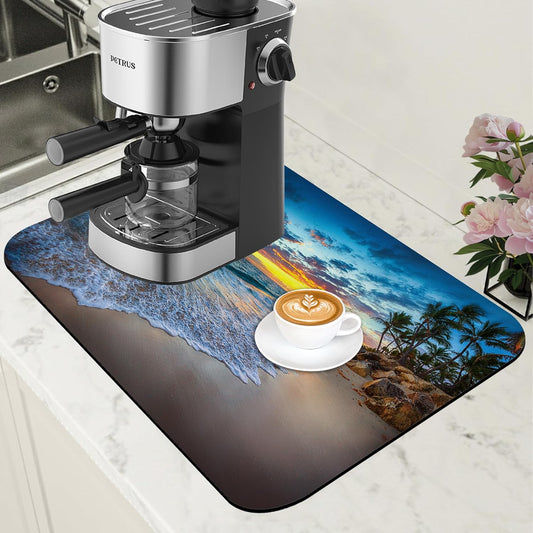 Sunrise over the Beach Coffee Mat Absorbent Dish Drying Mat for Kitchen Counter Hide Stain Rubber Backed Coffee Bar