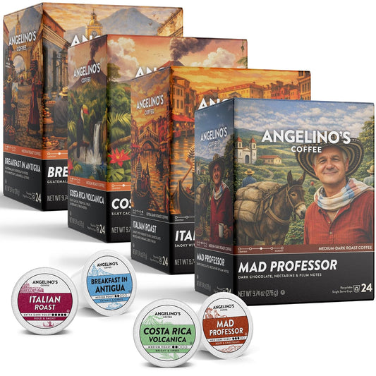 Angelino's Coffee Reserve Variety Pack, 96 Count – 4 Premium Single-Origin Blends, K Cup Compatible for Keurig – Italian Roast, Mad Professor, Breakfast in Antigua &amp; Costa Rica Volcanica