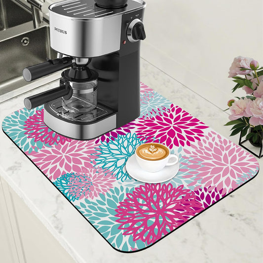 Pink Blue Chrysanthemum Flowers Dish Drying Mat for Kitchen Counter Coffee Bar Mat Hide Stain Absorbent Rubber Backed Drying