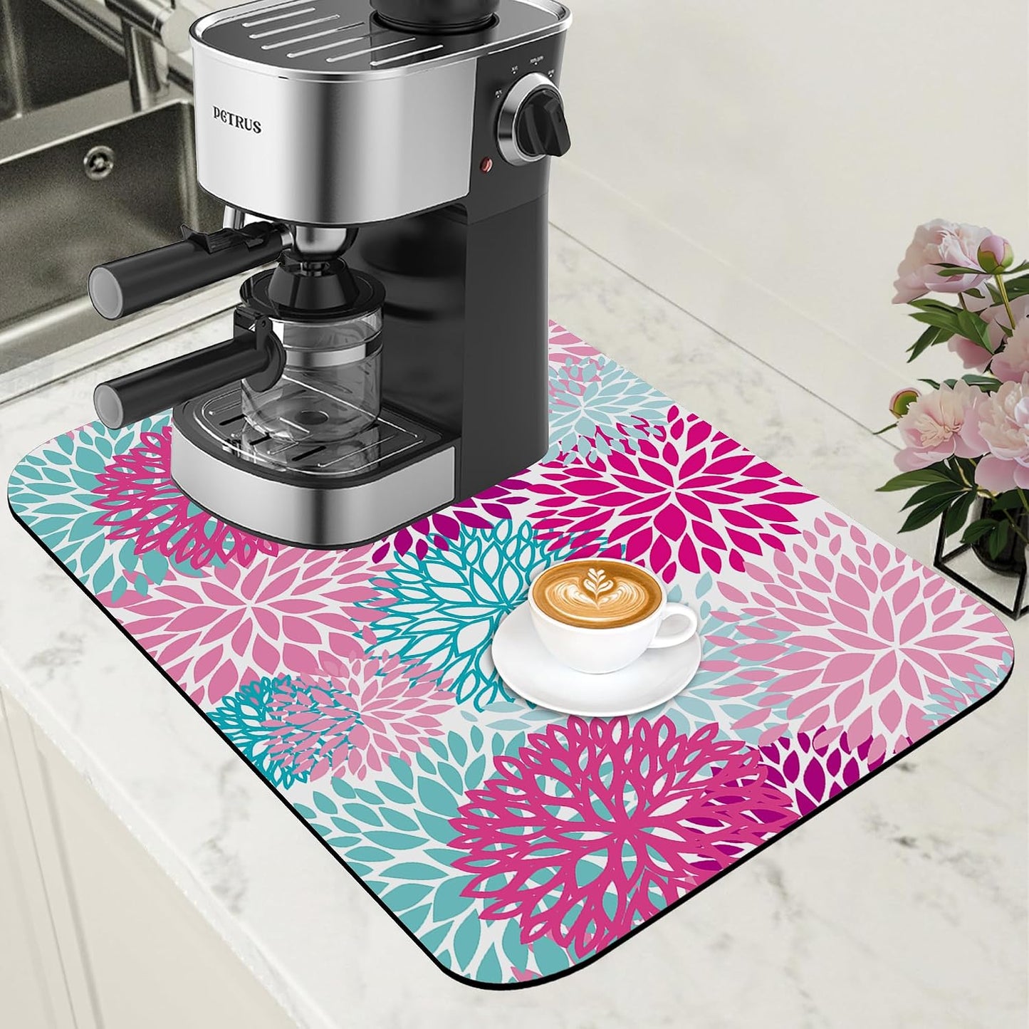 Pink Blue Chrysanthemum Flowers Dish Drying Mat for Kitchen Counter Coffee Bar Mat Hide Stain Absorbent Rubber Backed Drying Rack Pad Espresso Machine Coffee Bar Accessories 11.8 x 19.7 Inch