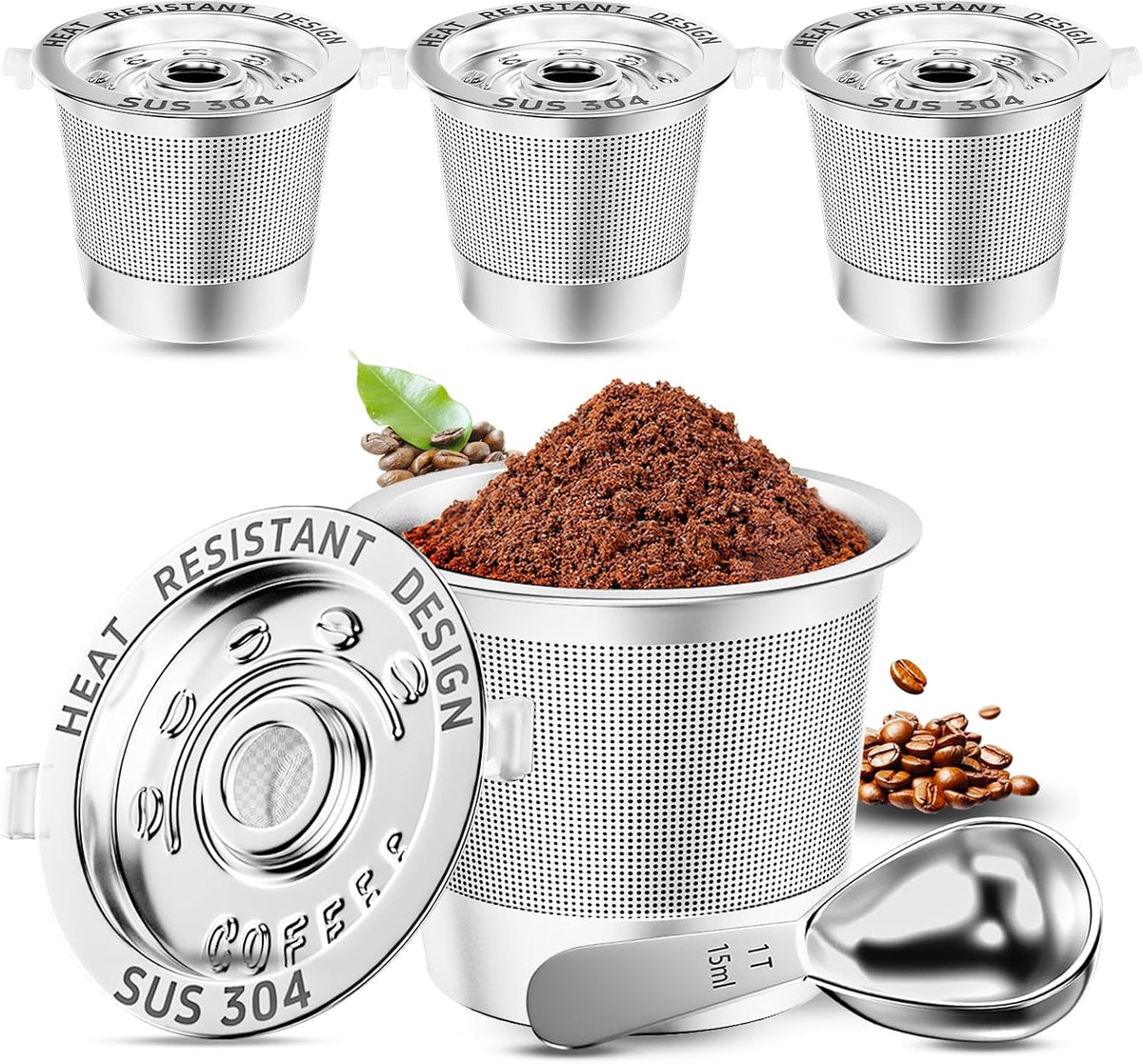 NESSUS 4 Pack Reusable K Cup for Keurig 1.0 | Stainless Steel Coffee Pods with Heat Resistant Handles and Scoop, NO BPA