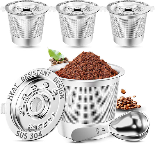 NESSUS 4 Pack Reusable K Cup for Keurig 1.0 | Stainless Steel Coffee Pods with Heat Resistant Handles and Scoop, NO BPA