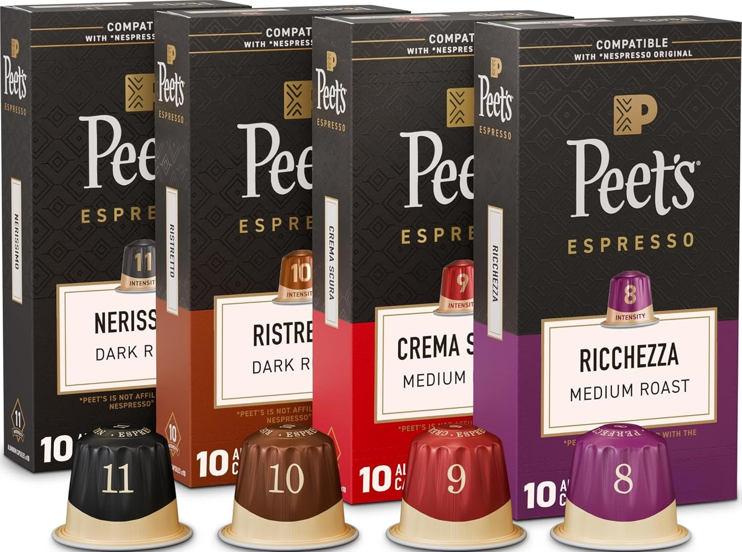 Peet's Coffee, Dark and Medium Roast Espresso Capsules Variety Pack, Compatible with Nespresso Original Machine, 100% Arabica Coffee - Intensity 8-11, 40 Count (4 Boxes of 10 Espresso Capsules)