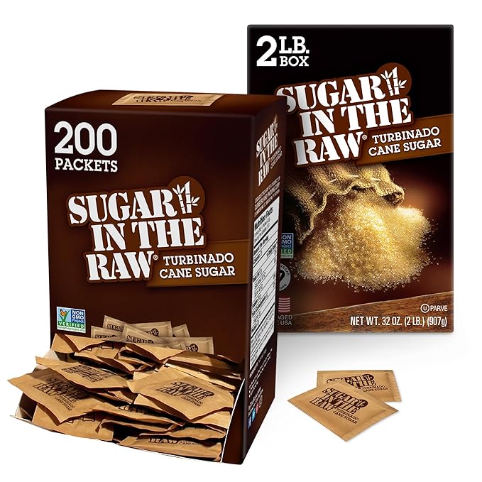 In the Raw Turbinado Sugar Bundle – 2 Lb Box + 200 Cane Sugar Packets, Less-Refined, Natural Sugar
