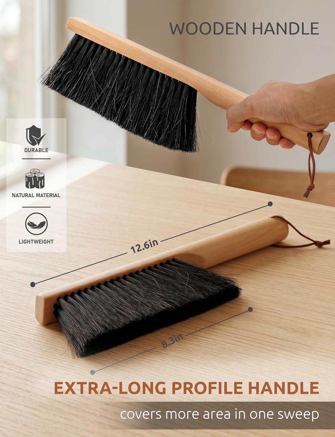 TAKAVU Firm Horsehair Counter Brush, 12.6 in Hand Brush with Wood Handle