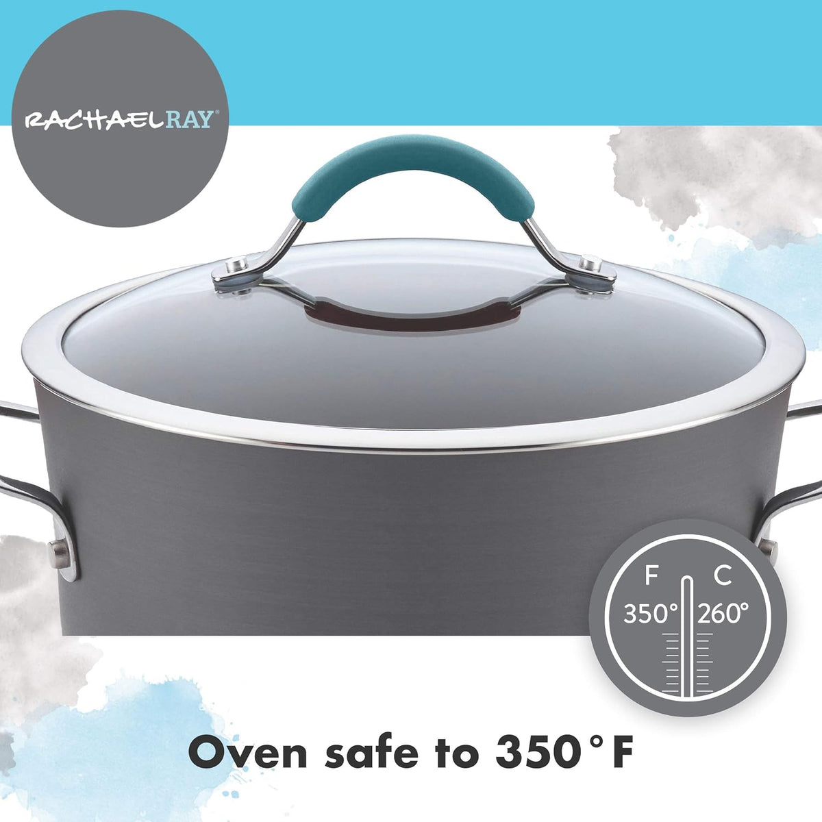 Rachael Ray 87642 Cucina Hard Anodized Nonstick Skillet with Helper Handle, 14 Inch Frying Pan, Gray/Agave Blue
