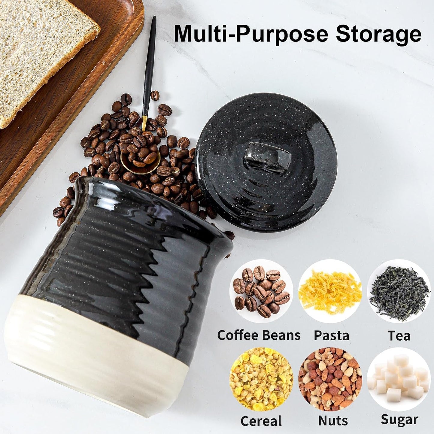 Ceramic Food Storage Jars,25 Oz Porcelain Kitchen Canisters with Airtight Lids Set of 3,Flour Containers for Countertop,Farmhouse Decor Serving Ground Coffee,Tea,Sugar,Pasta and Rice,Black＆White