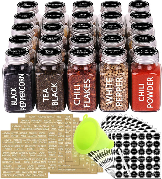 SWOMMOLY 25 Glass Spice Jars 6 oz Empty Square Spice Bottles with 703 Spice Labels, Chalk Marker and Funnel Complete Set.
