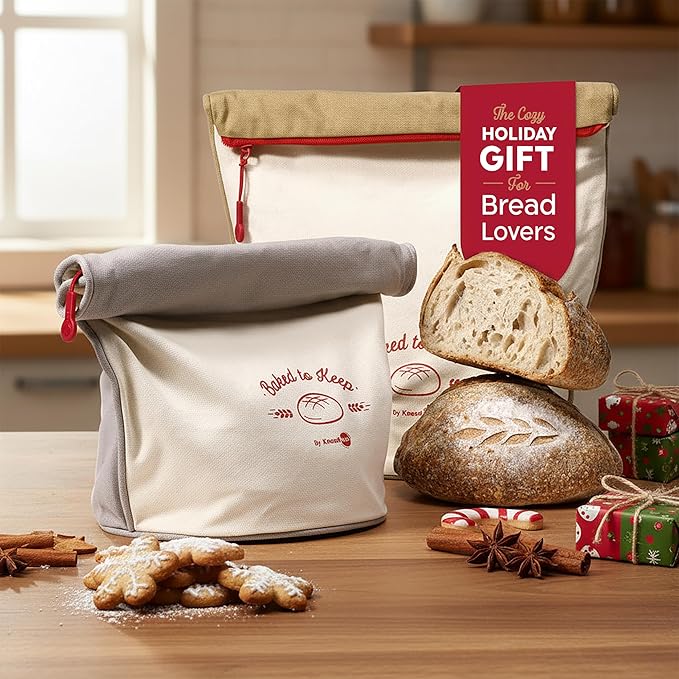 KNEADACE Bread Bags for Homemade Bread -Stylish Sourdough Bread Storage with Roll-Top Design, 100% Cotton & Food-Safe Lining, Eco-Friendly, Gift For Bakers & Home Bakers (2 Pack)