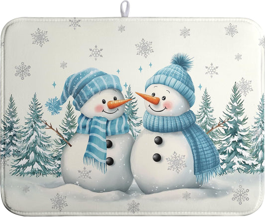Winter Dish Drying Mat Winter Snowman Large Kitchen Mats Dish Drying Pad Blue Snowman Pine Tree Absorbent Dish Dryer Mat for