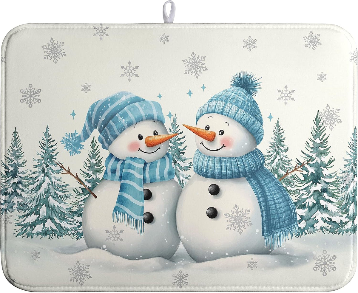 Winter Dish Drying Mat Winter Snowman Large Kitchen Mats Dish Drying Pad Blue Snowman Pine Tree Absorbent Dish Dryer Mat for Kitchen Countertops Microfiber Drainer Pad Dish Drying Mats (18x24 in)