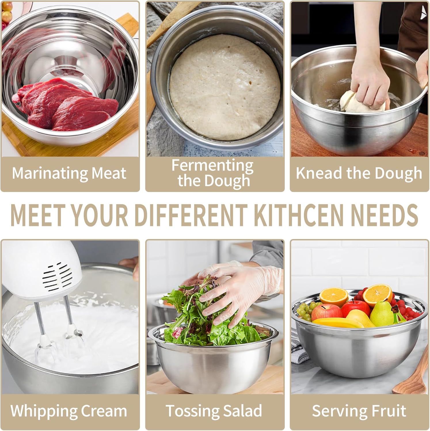 Mixing Bowls Set, 27PCS Khaki Mixing Bowls With Lids Set Stainless Steel Kitchen Large Nesting Metal Bowl 7QT to 1.5QT,