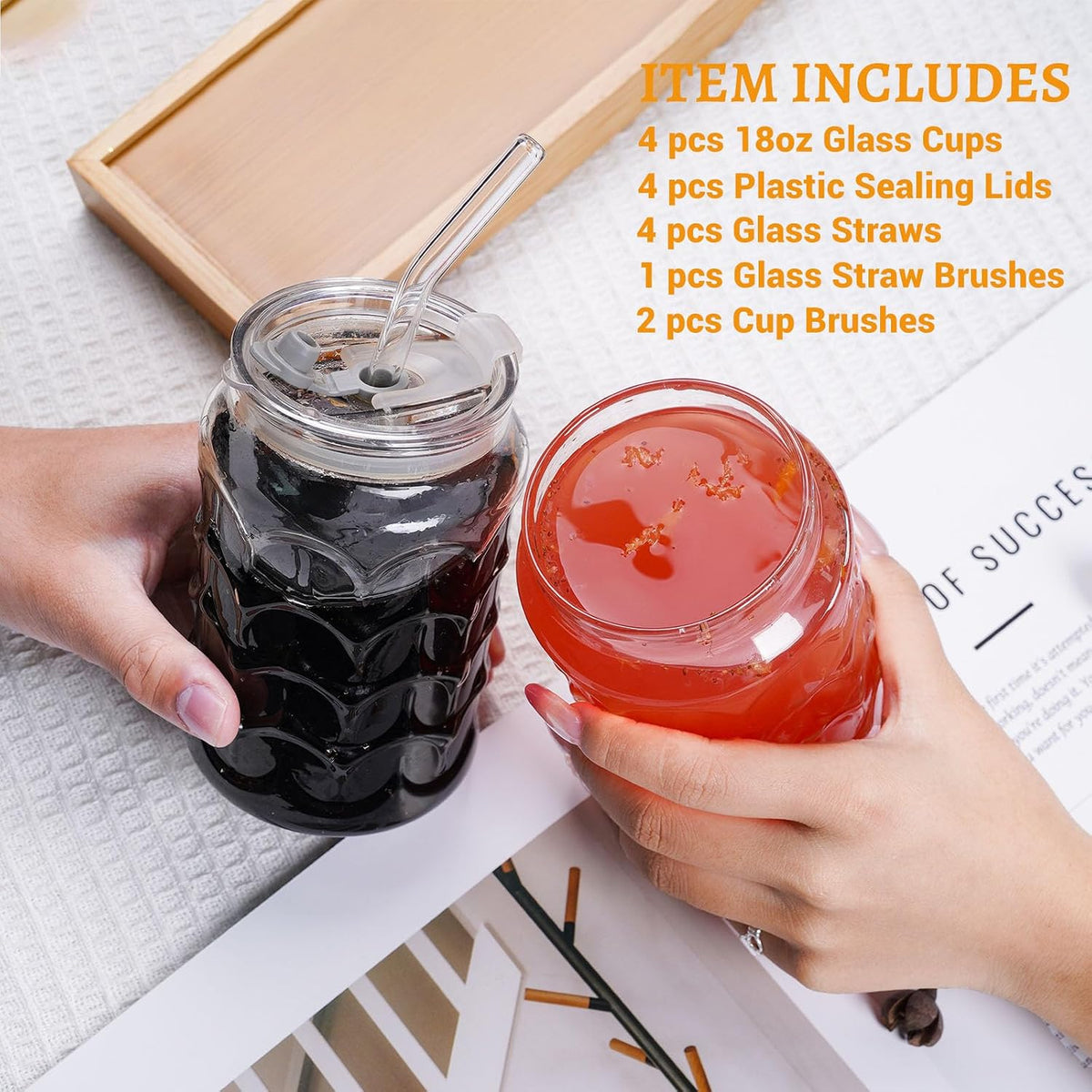 Jiuchen 4-Pack 18oz Borosilicate Glass Cups with Leakproof Lids &amp; Straws,Multi-Use Tumblers for Office and Home - Iced Coffee, Smoothies, Cocktails, Juice, Iced Tea &amp; Protein Shakes, Dishwasher Safe