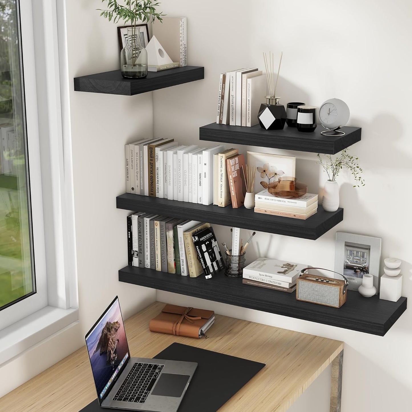 Fun Memories 9 Inch Deep Black Floating Shelves, Farmhouse Rustic Natural Wood Floating Shelf Wall Mounted, 16 x 9 Wall Shelves Set of 2, Deep Black Bathroom Shelves