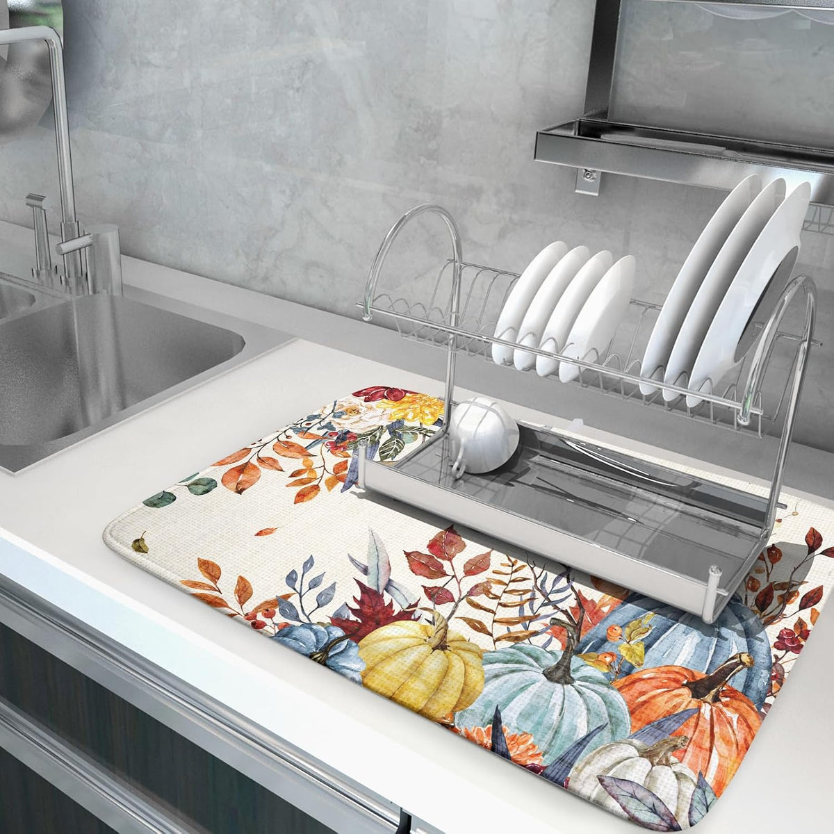 Giwawa Fall Dish Drying Mat for Kitchen Countertop, Watercolor Autumn Teal Blue Orange Pumpkins Floral Dish Drainer Mats, Thanksgiving Harvest Absorbent Dish Drying Pad Decor, 18x24 inch Large