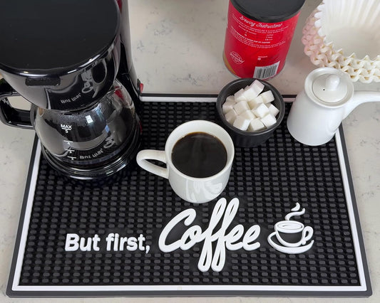 But First Coffee Mat for Countertop, Rubber Bar Mat and Coffee Bar Sign 18 x 12 in, Kitchen Accessories for Countertop, Bar