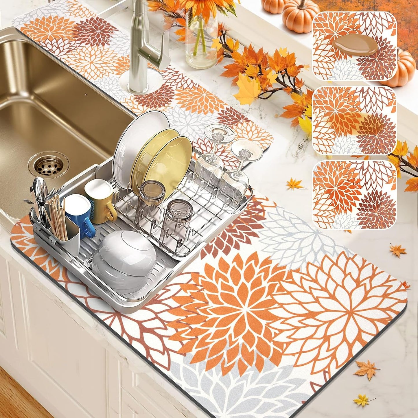 Findosom 2Pcs Fall Dish Drying Mat &amp; Sink Splash Guard, Absorbent Dish Mat