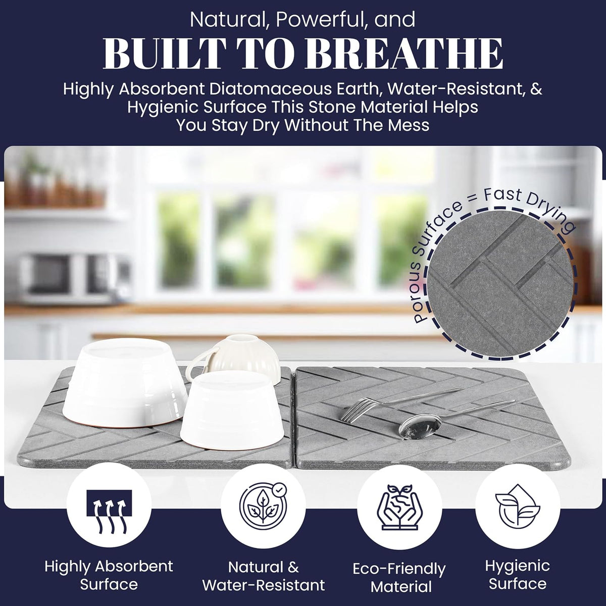 Folding Stone Dish Drying Mat for Kitchen Counter 23"x15" - Diatomaceous Earth Quick Dry Mat, Non-Slip, Foldable &amp; Absorbent Stone Drying Pad for Dishes Cups Bottles - Kitchen Bath &amp; Pet Mat