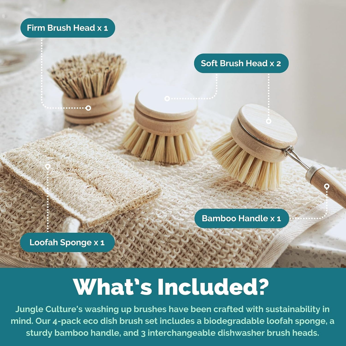 JUNGLE CULTURE Bamboo Dish Brush • 3 Swap Heads &amp; Loofah Sponge • 4 Piece